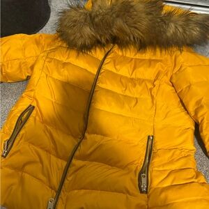 Yellow Puffer Jacket with Faux Fur Hood